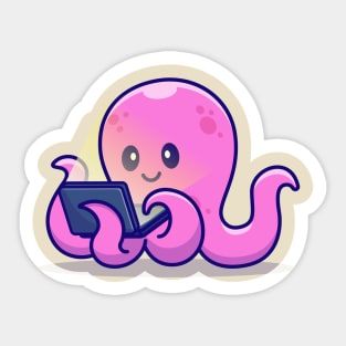 Cute Octopus Working On Laptop Cartoon Sticker